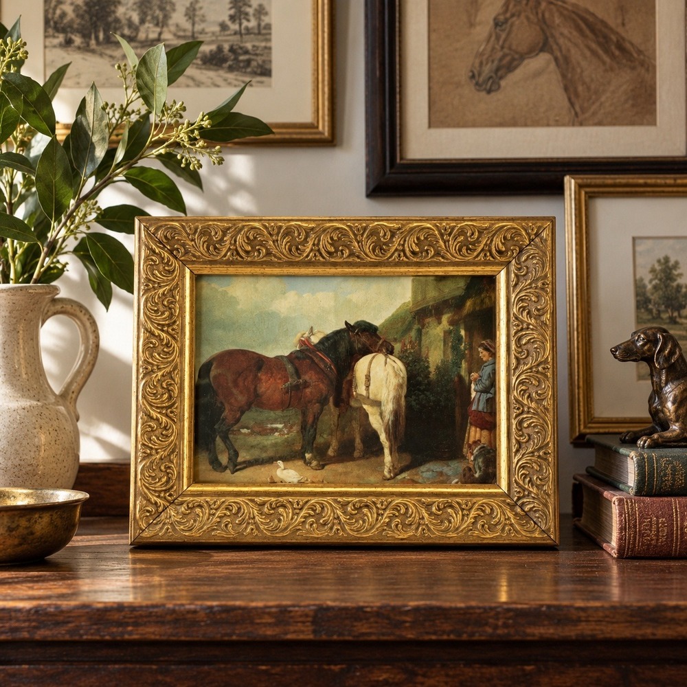 Old World Equestrian Postcard in Ornate Gold Burnes Frame, 5x7